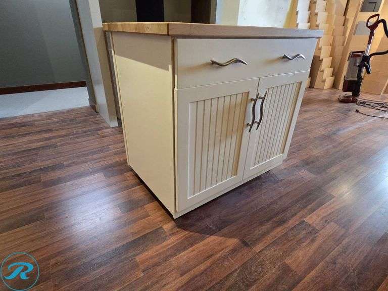 1-Piece Moveable Island with Butcherblock Countertop, Diamond White Beadboard, 36” x 24” x 36” Tall with 1 Rollout Tray