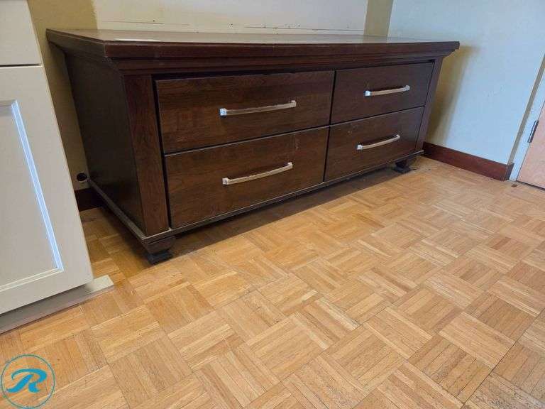 Single Cherry Furniture Cabinet with 4 Soft-Close Drawers and Matching Wood Countertop, 88” x 24” x 28” Tall - Roller Auctions