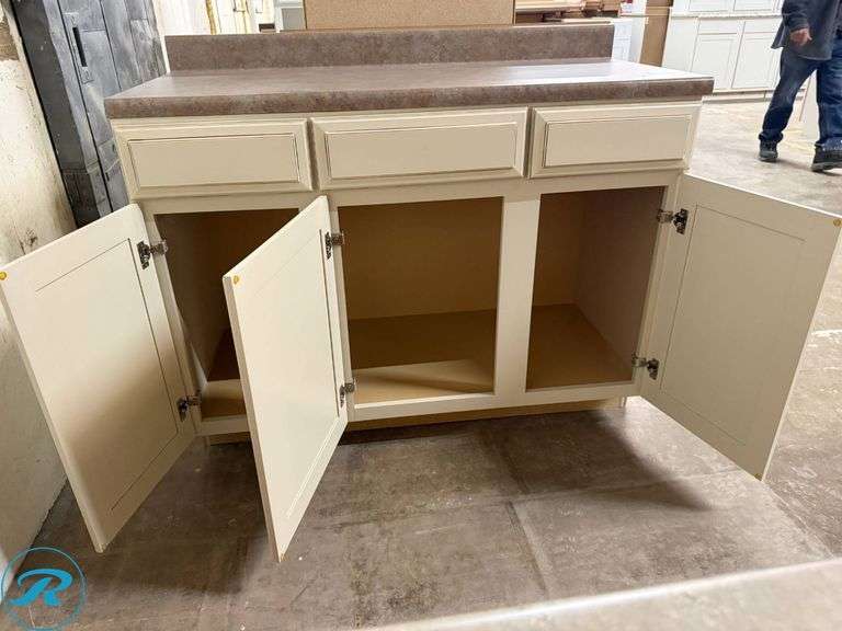 Single Vanity Cabinet, Timberlake Sierra Vista Toasted Glaze (Discontinued), Soft-close doors and drawers, 48” x 21” x 34 ½” - Roller Auctions