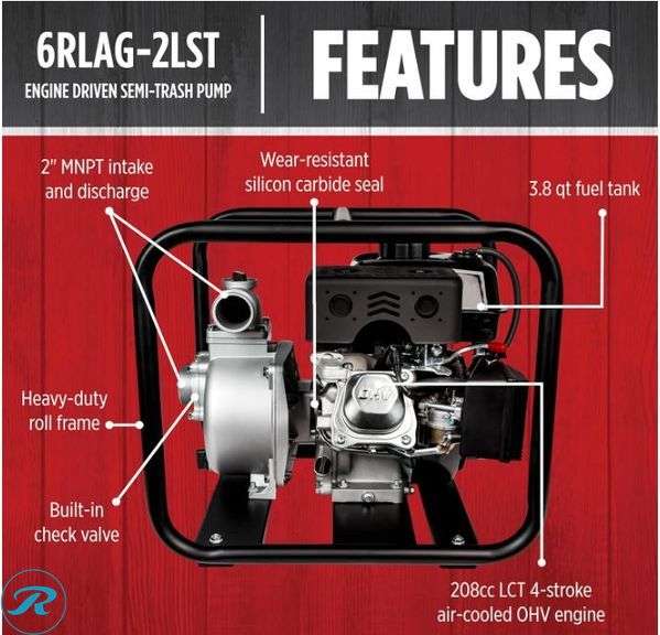 Red Lion 6RLAG-2LST 208cc, 150 GPM OHV Engine Driven Aluminum Semi-Trash Pump, 2-inch MNPT suction and discharge, Black, $599.99 Retail - New - Roller Auctions