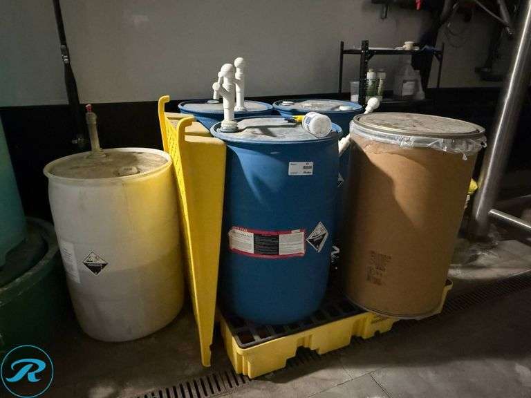 Chemical Containers Including Five Star PBW, Five Star 5.2 pH Stabilizer, Biofine Clear 250kg Drum, and Miscellaneous Cleaning Agents