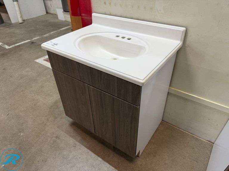 Single Vanity with Cultured Marble Countertop and Sink, PCS Lenox Satomi, 30" x 21" x 31 1/2" Tall - Roller Auctions