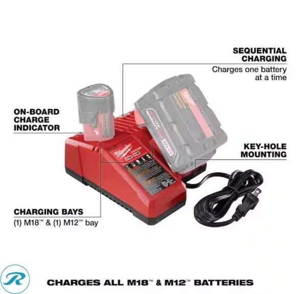 Milwaukee M12 and M18 12-Volt/18-Volt Lithium-Ion Multi-Voltage Battery Charger (Batteries NOT Included) - New/Not in Retail Packaging - Roller Auctions