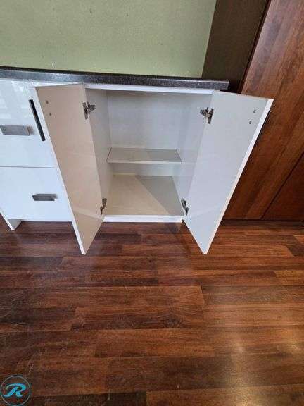 Single Cabinet with Laminate Countertop, White Gloss Slab Door, 48” x 24” x 36” Tall - Roller Auctions