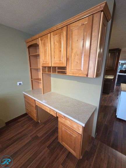 7-Piece Desk Cabinet Set, Aristokraft Dryden Fawn with Laminate Countertop - Roller Auctions