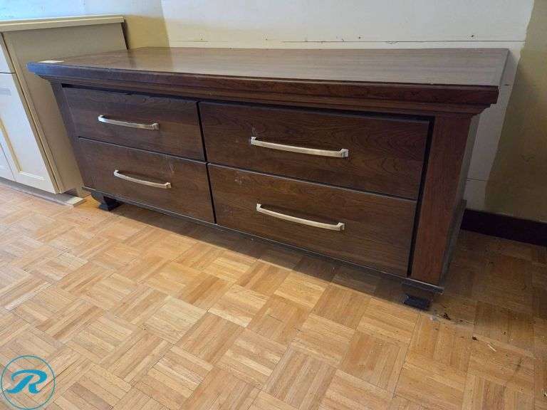 Single Cherry Furniture Cabinet with 4 Soft-Close Drawers and Matching Wood Countertop, 88” x 24” x 28” Tall - Roller Auctions