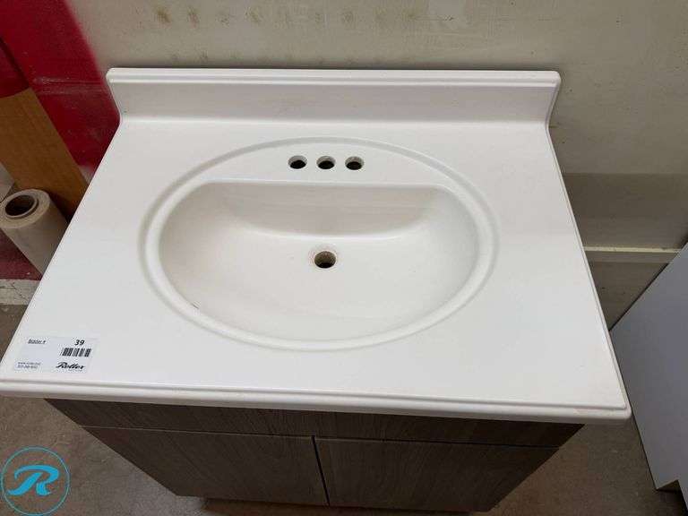 Single Vanity with Cultured Marble Countertop and Sink, PCS Lenox Satomi, 30" x 21" x 31 1/2" Tall - Roller Auctions