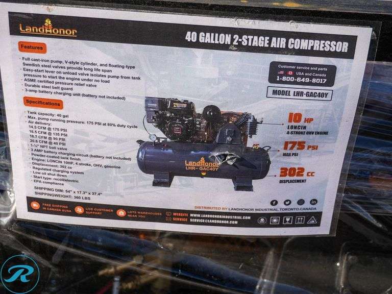 New Land Honor LHR-GAC40Y Horizontal Gas Air Compressor, 40 Gallon, 2-Stage, 10 HP, 302cc - Roller Auctions