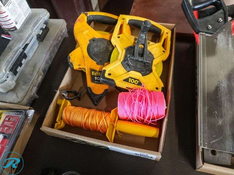 Tray of 100' Tape Measures and String Line - Roller Auctions