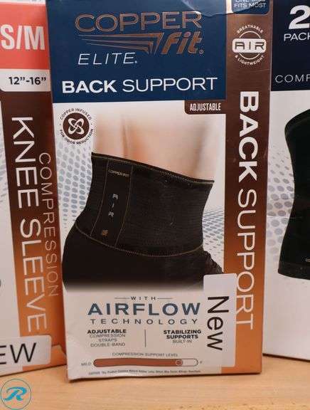(2) Copper Fit Compression Knee Sleeves, 2-Pack, Small Medium (3) Copper Fit Back Supports - New - Roller Auctions