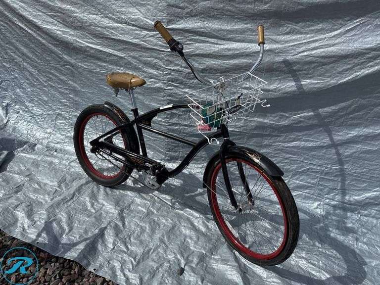 Rad Rat Rims Rat Rod Themed Cruiser Bicycle with Black Frame and Red Rims - Roller ...