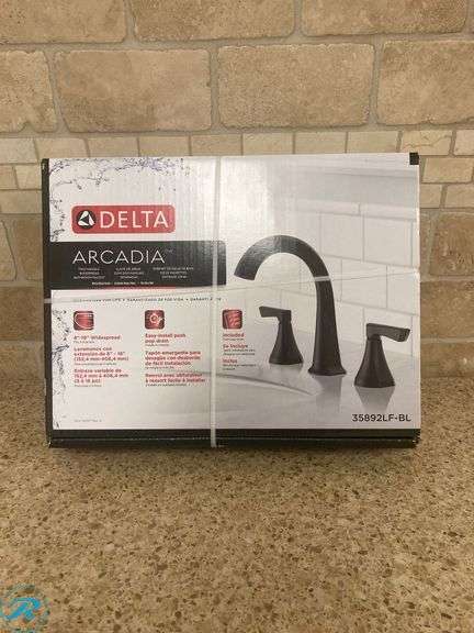 (1) New- Delta Arcadia Matte Black Widespread 2-handle WaterSense Mid-arc Residential Handle Bathroom Sink Faucet with Drain (Total of 1 Faucet) - Roller Auctions