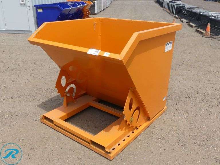 New Chery Industrial Self Dumping Hopper With Fork Pockets, 1 Cubic Yard, Orange - Roller Auctions