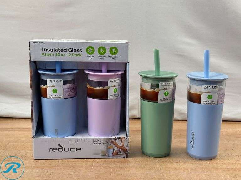 (4) reduce: Insulated Glass Aspen 20oz Tumblers- New, (2) Small Damage on Lids