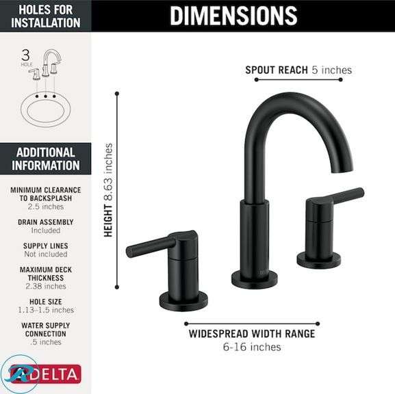 (1) New- Delta Nicoli Black Matte Black Widespread 2-handle WaterSense Mid-arc Residential Handle Bathroom Sink Faucet with Drain (Total of 1 Faucet) - Roller Auctions