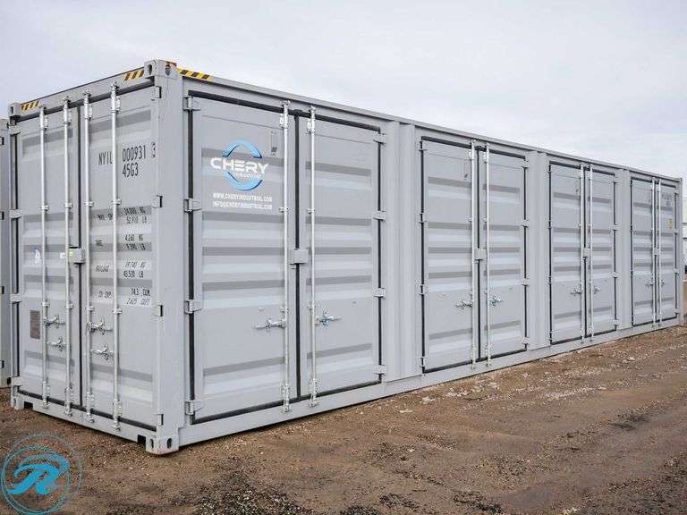 New 40' Steel Storage Container, High Cube, 9'6" High, 8' Wide, (4) Double Door Side Openings - Roller Auctions