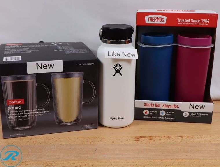 (4) Double Wall Glasses w/ Handle - New, (3) Assorted Travel Tumblers (2) New, (1) Like New