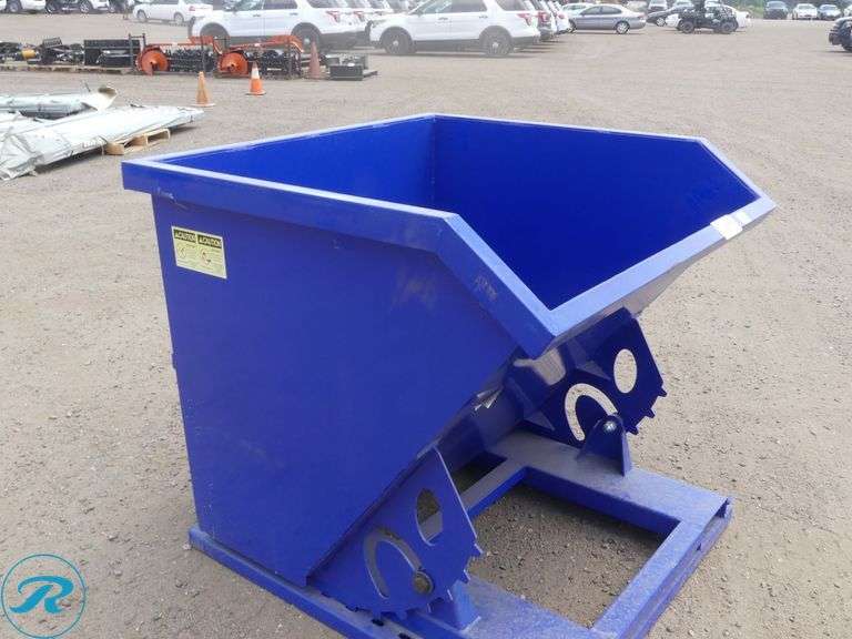 New Chery Industrial Self Dumping Hopper With Fork Pockets, 1 Cubic Yard, Blue - Roller Auctions