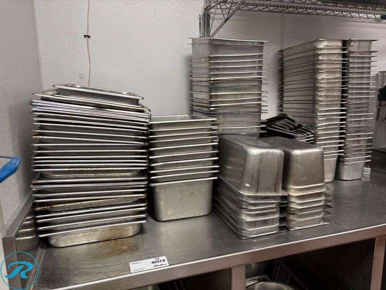 (3) Shelves of Stainless Steel Steam Table Inserts with Assorted Lids - Roller Auctions