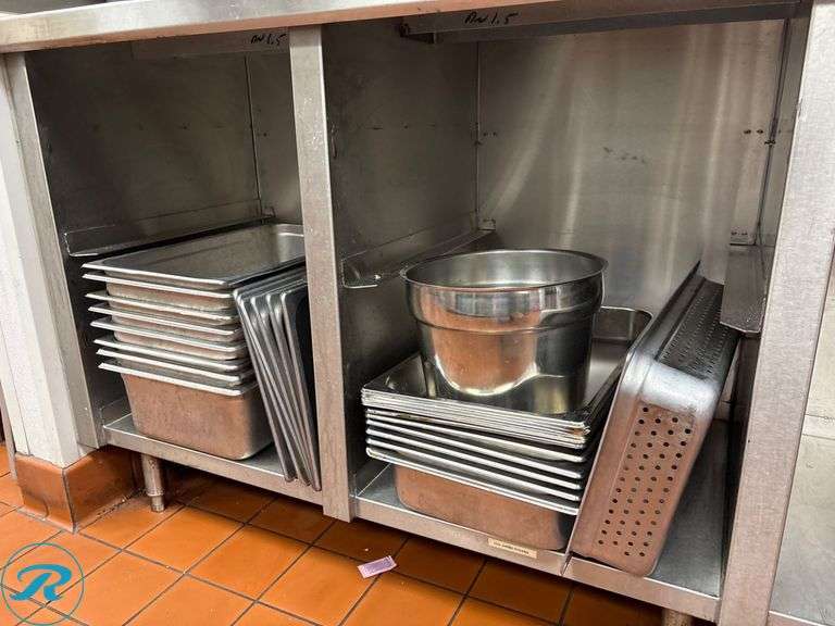 (3) Shelves of Stainless Steel Steam Table Inserts with Assorted Lids - Roller Auctions