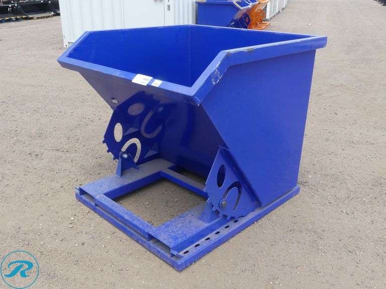 New Chery Industrial Self Dumping Hopper With Fork Pockets, 1 Cubic Yard, Blue - Roller Auctions