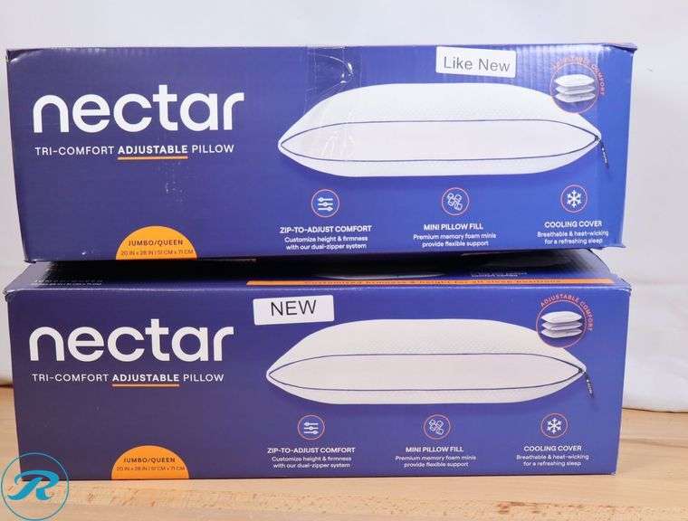 (2) Nectar Tri-Comfort Cooling Bed Pillow - New - (1) Like New (1) New- Open Box - Roller Auctions