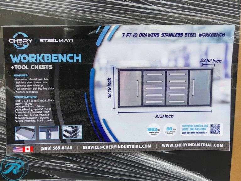 New Chery Industrial 10-Drawer Workbench, Stainless Steel, 7' - Roller Auctions