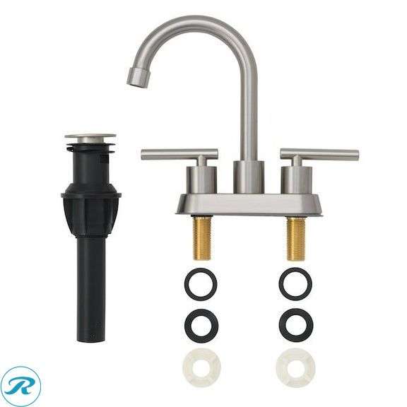 (3) New- Project Source Larton Brushed Nickel 4-in centerset 2-handle WaterSense High-arc Residential Handle Bathroom Sink Faucet with Drain with Deck Plate (Total of 3 Faucets) - Roller Auctions