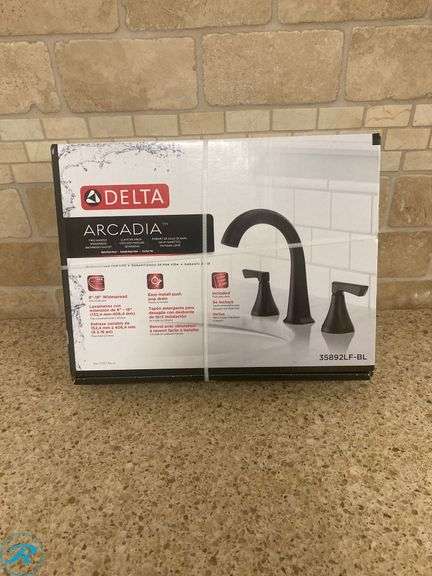 (1) New- Delta Arcadia Matte Black Widespread 2-handle WaterSense Mid-arc Residential Handle Bathroom Sink Faucet with Drain (Total of 1 Faucet) - Roller Auctions