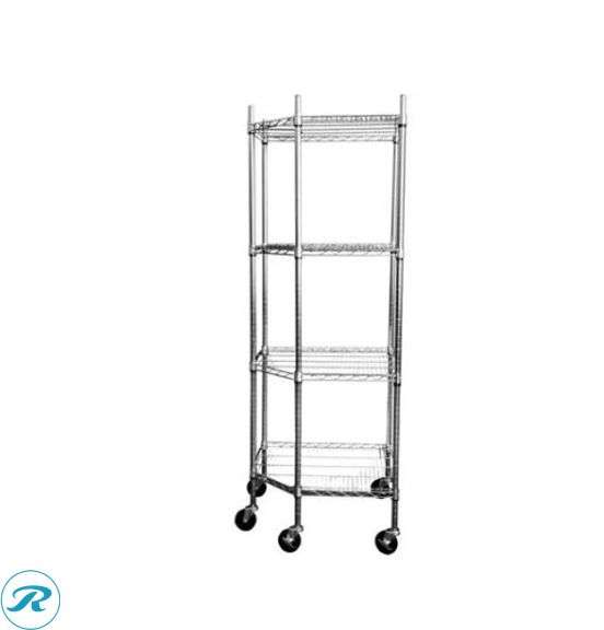 TRINITY EcoStorage 4-Tier Corner Wire Shelving Rack with Wheels, 18" D, NSF, Chrome Color- New - Roller Auctions