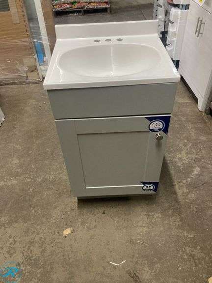 (1) Display Model- Project Source Dover 18-in Light Gray Single Sink Bathroom Vanity with White Cultured Marble Top (see photos) (total of 1 vanity with top) - Roller Auctions