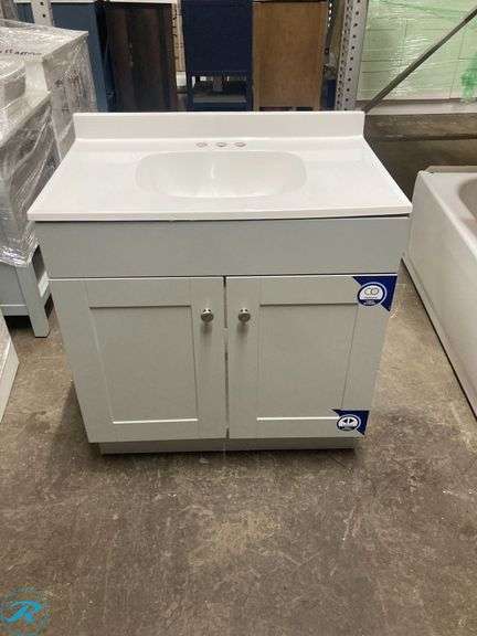 (1) Display Model- Project Source Dover 30-in Light Gray Single Sink Bathroom Vanity with White Cultured Marble Top (Total of 1 Vanity with Top) (Some minor scratches See Photos) - Roller Auctions