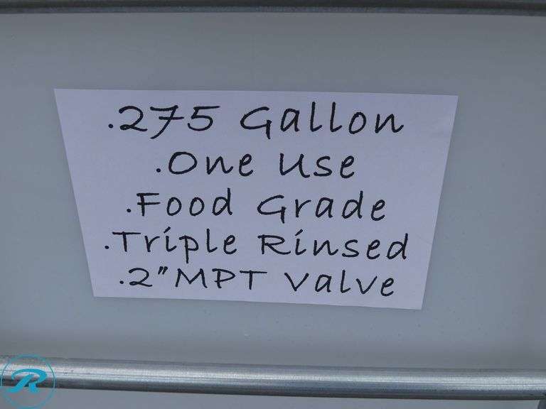 275 Gallon Plastic Tote With Enclosure, One Use, Triple Rinsed, Food Grade, 2" MPT Valve, Forklift Pockets - Roller Auctions