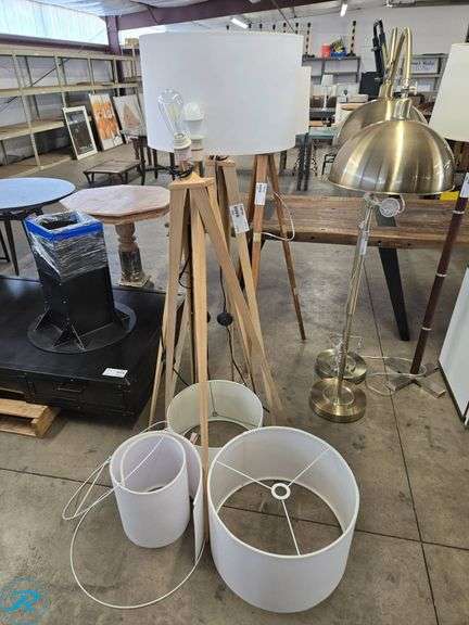 (3) Wooden Tripod Floor Lamps with White Shades, (1-Damaged) - Roller Auctions