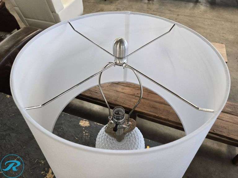 White Table Lamp with Textured Ceramic Base and Fabric Shade - Roller Auctions