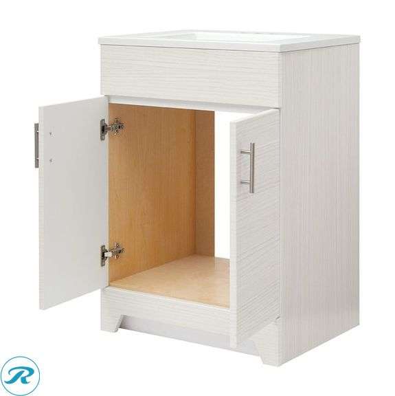 (2) Display Model- (1) Style Selections Tierra 24-in White Single Sink Bathroom Vanity with White Cultured Marble Top allen + roth Harlow Brushed Nickel 4-in centerset 2-handle WaterSense High-arc Residential Handle Bathroom Sink Faucet with Drain with Deck Plate (1) Style Selections Acadia 12-in x 20-in x 6.93-in White Soft Close Bathroom Wall Cabinet (some stains inside and minor scratches See Photos) (total of 2 cabinets) - Roller Auctions