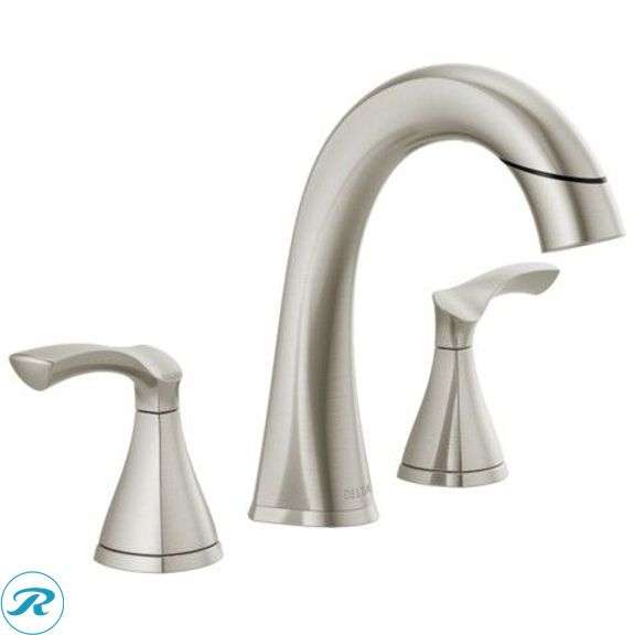 (1) New- Delta Sandover Pulldown Spotshield Brushed Nickel Widespread 2-handle WaterSense Mid-arc Residential Handle Pull-down Bathroom Sink Faucet with Drain (Total of 1 Faucet)