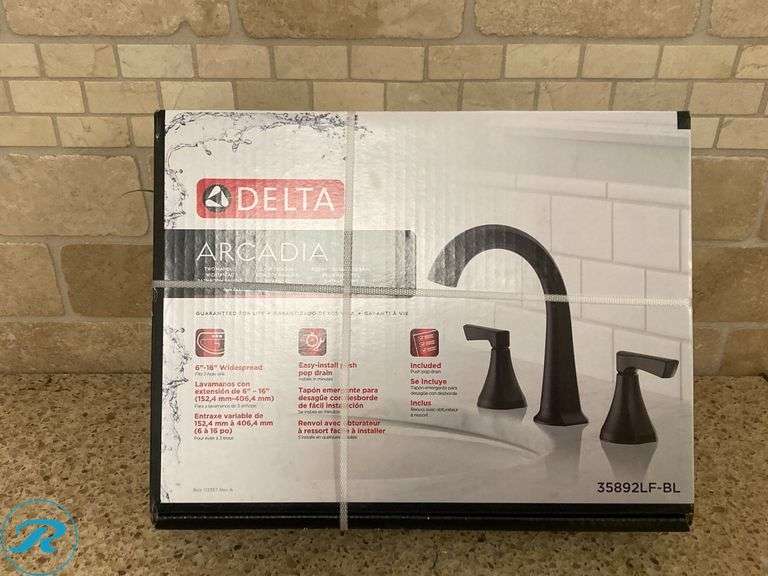 (1) New- Delta Arcadia Matte Black Widespread 2-handle WaterSense Mid-arc Residential Handle Bathroom Sink Faucet with Drain (Total of 1 Faucet) - Roller Auctions