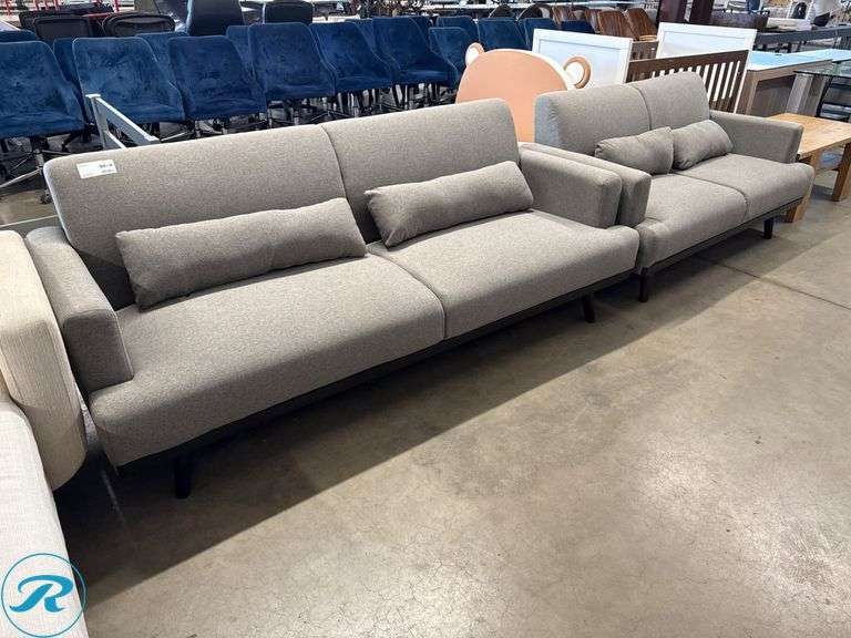 Gray Upholstered Sofas with Armrests and Pillows, 82 in and 64 in