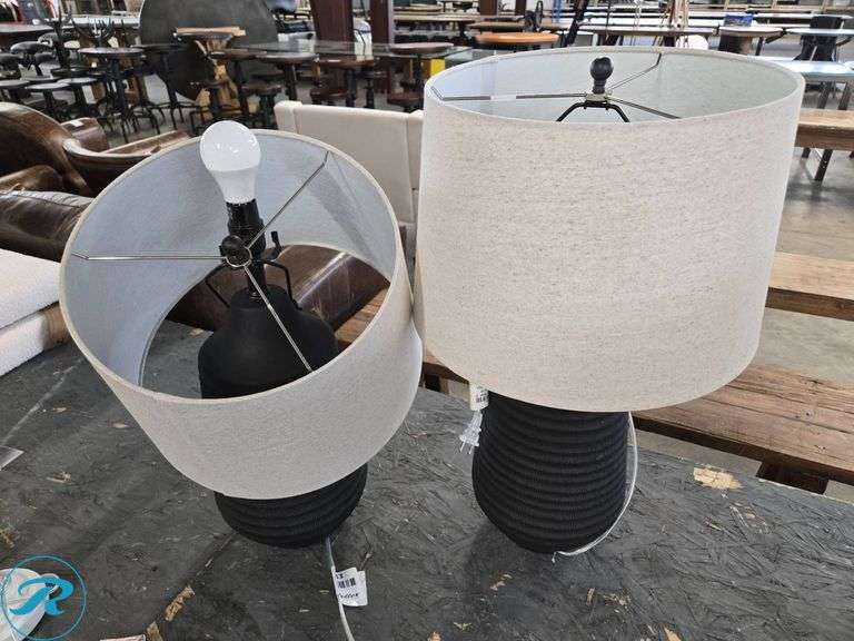 (2) Table Lamps with Black Ribbed Bases and White Drum Shades