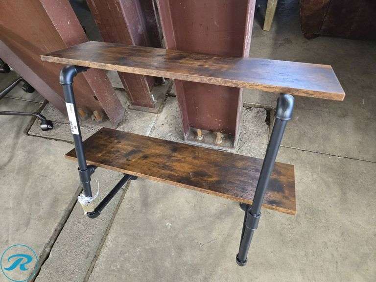 Two-Tier Wooden Shelf Unit with Metal Pipe Frame
