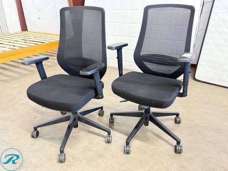 (2) Black Mesh Office Chairs with Adjustable Armrests and Rolling Bases