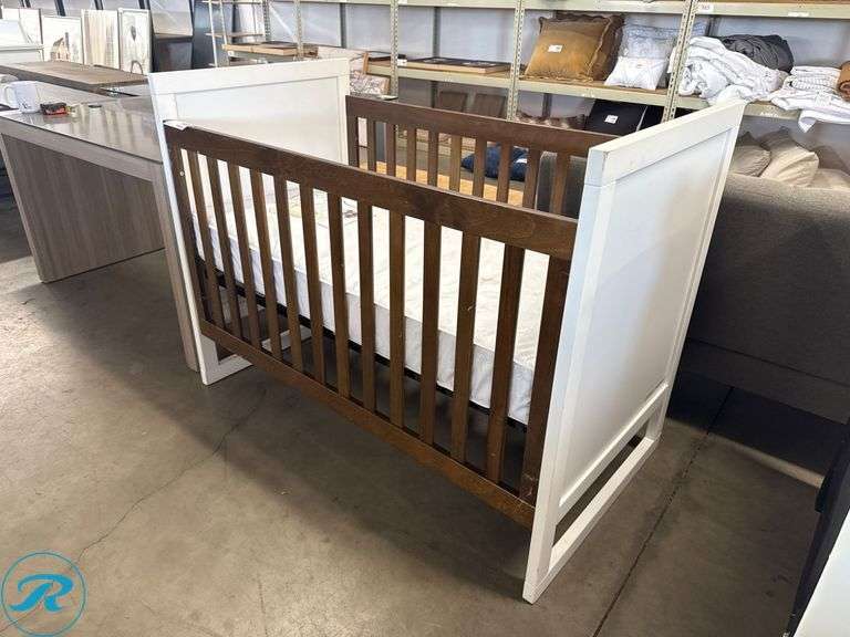 Wooden Baby Crib with White Panels, 54 in x 30 in - Roller Auctions