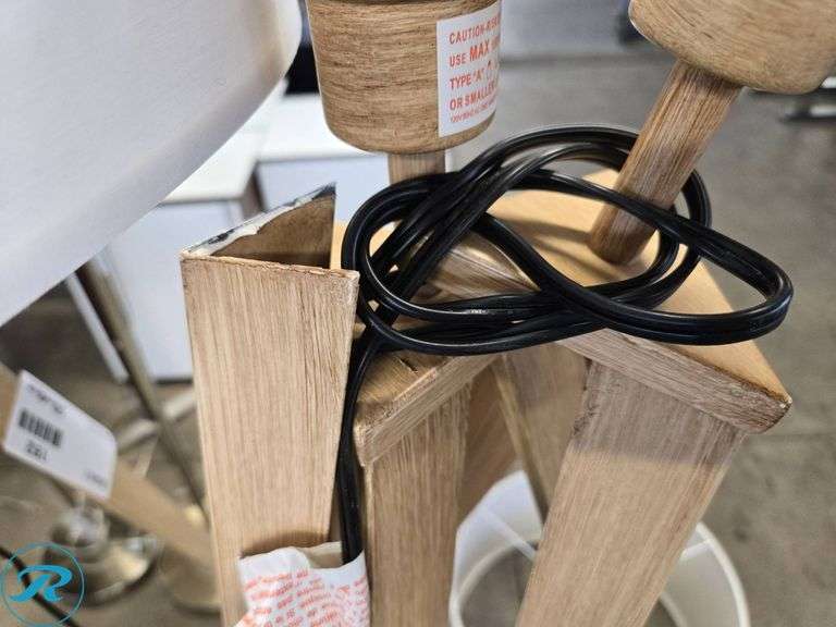 (3) Wooden Tripod Floor Lamps with White Shades, (1-Damaged) - Roller Auctions