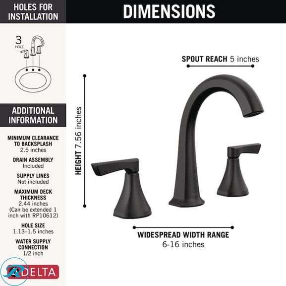 (1) New- Delta Arcadia Matte Black Widespread 2-handle WaterSense Mid-arc Residential Handle Bathroom Sink Faucet with Drain (Total of 1 Faucet) - Roller Auctions