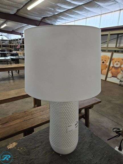 White Table Lamp with Textured Ceramic Base and Fabric Shade