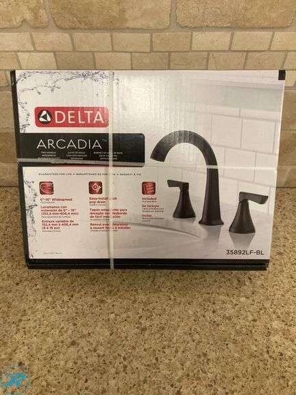 (1) New- Delta Arcadia Matte Black Widespread 2-handle WaterSense Mid-arc Residential Handle Bathroom Sink Faucet with Drain (Total of 1 Faucet) - Roller Auctions
