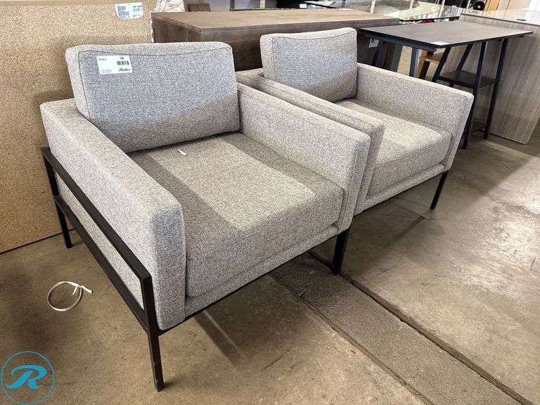 (2) Gray Upholstered Armchairs with Metal Frames