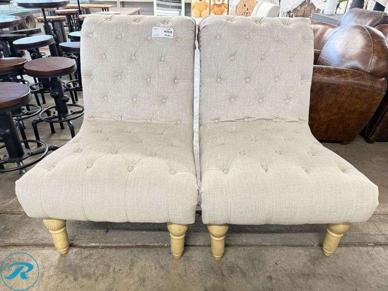 (2) Upholstered Tufted Lounge Chairs With Wooden Legs