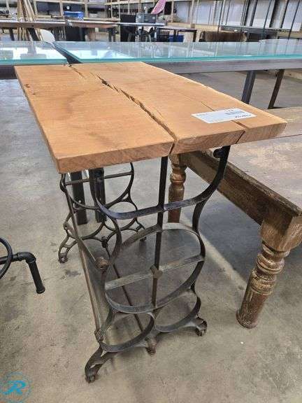 Wood-Top Side Table with Decorative Metal Base, 27 x 16 Inches